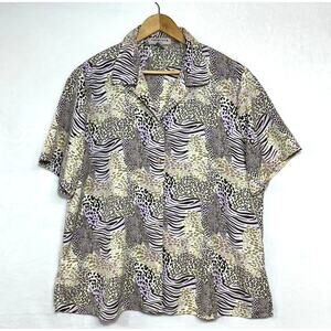 Notations 1X Plus Animal Print Purple Colorful Buttoned Top Collared Funky Retro